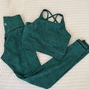 BuffBunny Teal Green Patterned High-Waist Leggings with Crossback Sports Bra